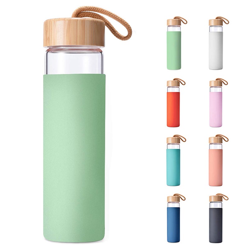 Yomious 20 Oz Borosilicate Glass Water Bottles with Silicone Sleeve BPA Free, Dishwasher Safe - Reusable Clear Glass Drinking with Leak Proof Bamboo Lid | Perfect Gym Water Bottles for Men & Women - Image 1